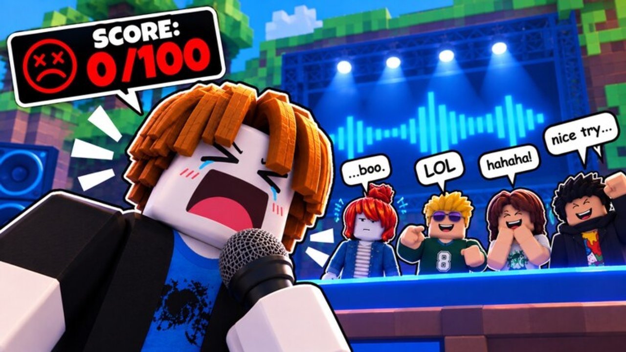 Mimic the Voice neon stage with Mimic the Voice sign and performers